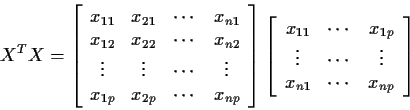 \begin{displaymath}X^TX = \left[ \begin{array}{cccc}
x_{11} & x_{21} & \cdots & ...
...dots & \vdots
\\
x_{n1} & \cdots & x_{np}
\end{array}\right]
\end{displaymath}