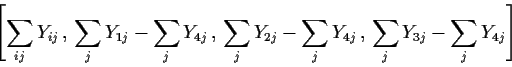 \begin{displaymath}\left[ \sum_{ij} Y_{ij}\, , \, \sum_j Y_{1j} - \sum_j Y_{4j}
...
...j} - \sum_j Y_{4j}\, , \, \sum_j Y_{3j} - \sum_j
Y_{4j}\right]
\end{displaymath}