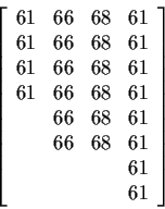 \begin{displaymath}\left[
\begin{array}{rrrr}
61 & 66 & 68 & 61 \\
61 & 66 & ...
... & 66 & 68 & 61 \\
& & & 61 \\
& & & 61
\end{array}\right]
\end{displaymath}