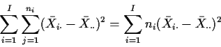 \begin{displaymath}\sum_{i=1}^{I} \sum_{j=1}^{n_i} ({\bar X}_{i\cdot} - {\bar
X}...
...um_{i=1}^{I} n_i ({\bar X}_{i\cdot} -
{\bar X}_{\cdot\cdot})^2 \end{displaymath}