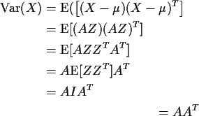 \begin{align*}{\rm Var}(X) & = {\rm E}(\left[ (X-\mu)(X-\mu)^T \right]
\\
& = {...
...m E}[AZZ^T A^T]
\\
& = A {\rm E}[ZZ^T] A^T
\\
& = AIA^T
\\
=AA^T
\end{align*}