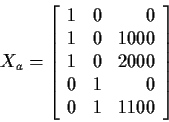 \begin{displaymath}X_a=\left[\begin{array}{rrr}
1 & 0 & 0 \\
1 & 0 & 1000 \\
1 & 0 & 2000 \\
0 & 1 & 0 \\
0 & 1 &1100
\end{array}\right]
\end{displaymath}