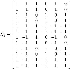 \begin{displaymath}X_b = \left[\begin{array}{rrrrrr}
1 & 1 & 1 & 0 & 1 & 0\\
1 ...
...-1 & -1 & 1 & 1\\
1 & -1 & -1 & -1 & 1 & 1
\end{array}\right]
\end{displaymath}