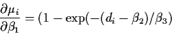 \begin{displaymath}\frac{\partial\mu_i}{\partial\beta_1} = (1-\exp(-(d_i-\beta_2)/\beta_3)
\end{displaymath}