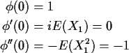 \begin{align*}\phi(0) & = 1
\\
\phi^\prime(0) & = i E(X_1) = 0
\\
\phi^{\prime\prime}(0) & = -E(X_1^2) = -1
\end{align*}