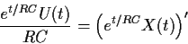 \begin{displaymath}\frac{e^{t/RC} U(t)}{RC} = \left(e^{t/RC}X(t)\right)^\prime
\end{displaymath}