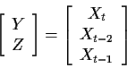 \begin{displaymath}\left[\begin{array}{c}Y \\ Z\end{array}\right]
=
\left[\begin{array}{c} X_t \\ X_{t-2} \\ X_{t-1}\end{array}\right]
\end{displaymath}