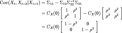 \begin{align*}\text{Cov}(X_t,X_{t-2} \vert X_{t-1}) & = \Sigma_{11} - \Sigma_{12...
...t[\begin{array}{cc}
1-\rho^2 & 0 \\ 0 & 1-\rho^2 \end{array}\right]
\end{align*}
