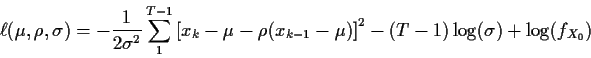 \begin{displaymath}\ell(\mu,\rho,\sigma) = - \frac{1}{2\sigma^2}\sum_1^{T-1} \le...
...-\rho(x_{k-1}-\mu)\right]^2
-(T-1)\log(\sigma) + \log(f_{X_0})
\end{displaymath}
