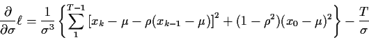 \begin{displaymath}\frac{\partial}{\partial\sigma} \ell = \frac{1}{\sigma^3}\lef...
...\mu)\right]^2 +(1-\rho^2)(x_0-\mu)^2\right\}
-\frac{T}{\sigma}
\end{displaymath}