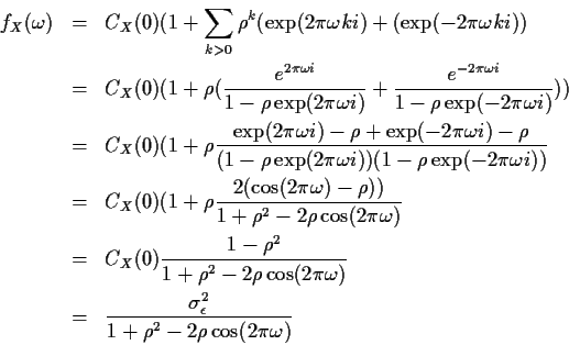 \begin{eqnarray*}f_X(\omega)& =& C_X(0)( 1+\sum_{k>0} \rho^k(\exp(2\pi\omega ki)...
...
& = & \frac{\sigma_\epsilon^2}{1+\rho^2 -2\rho\cos(2\pi\omega)}
\end{eqnarray*}